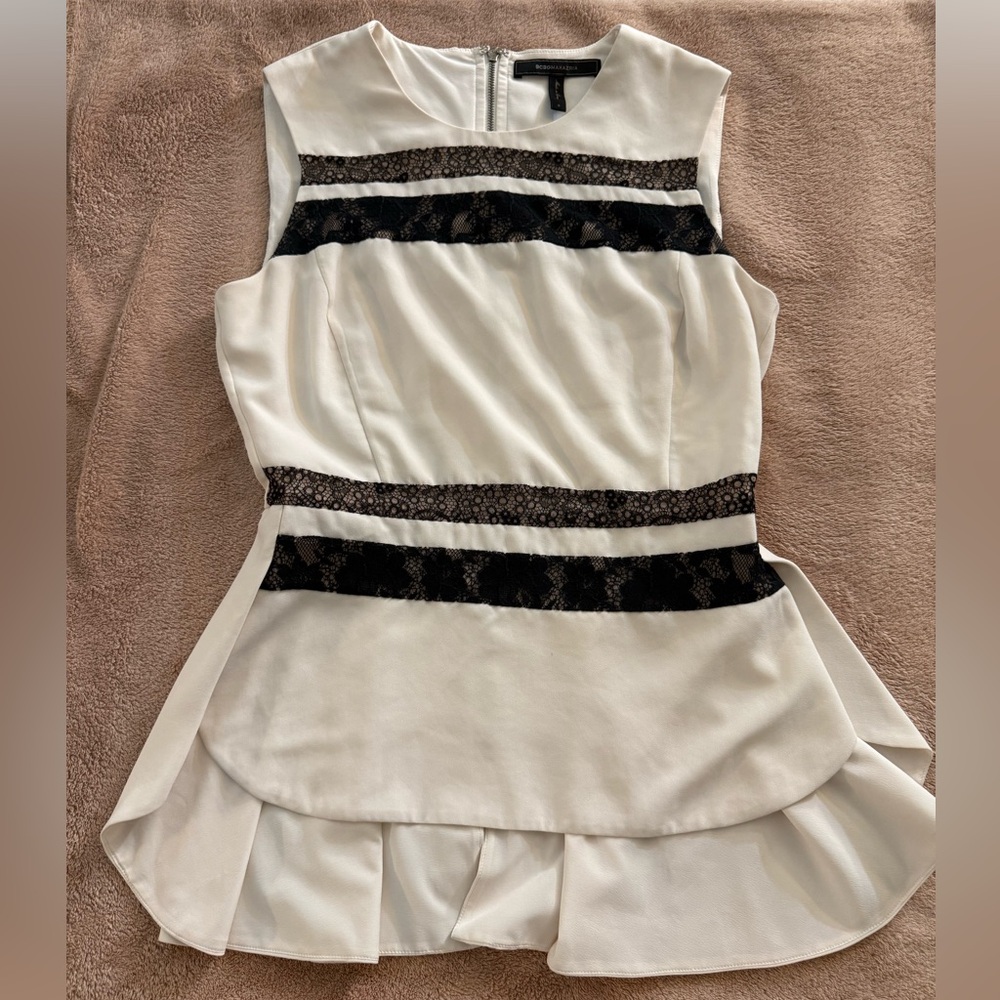 BCBGMaxAzria White Blouse with Black Lace Accents
